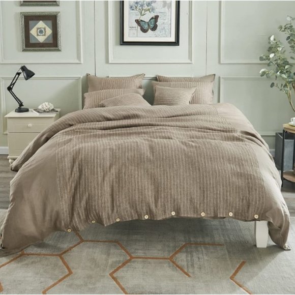 Howdy Deco Other - Pure French Linen Jacquard Duvet Cover w/ 2 Pillow Shams  (Stripe Taupe - Queen)